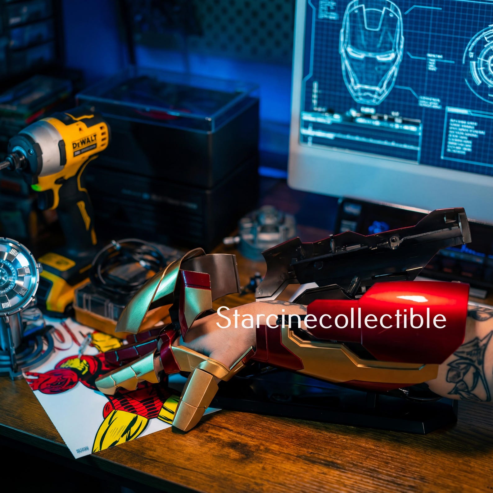 Cicret Bracelet LED voice-controlled arm with touch sensor for cosplay costume, featuring glowing lights and intricate design details.